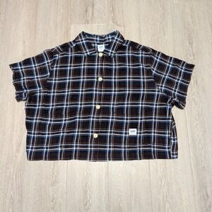 Lee Womens 2X Plus Size Cropped Flannel Chore Top Navy Blue Plaid Boxy Shirt